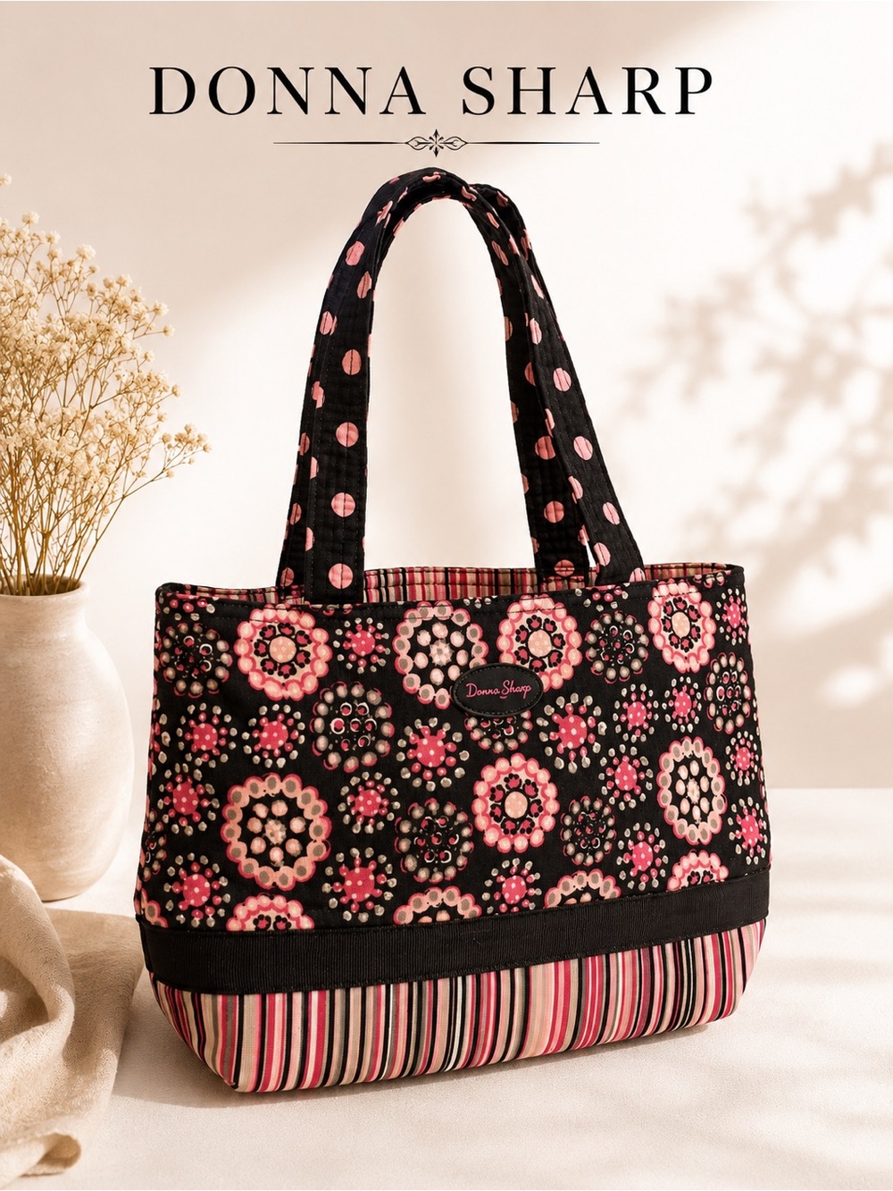 donna sharp pink black floral striped tote shoulder bag